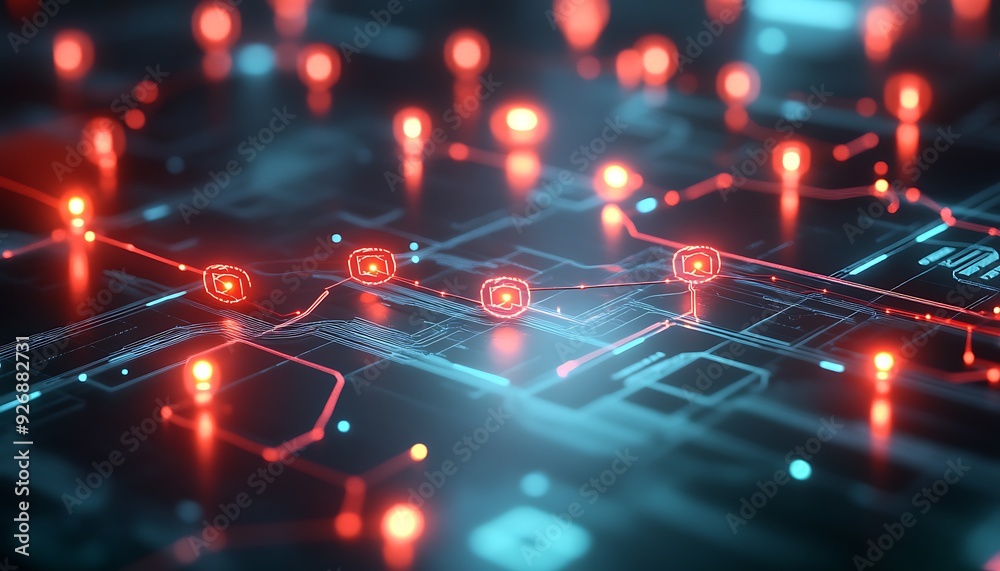 Close-Up of Digital System Undergoing Vulnerability Scan with Red Node Indicators Close-Up of Digital System Undergoing Vulnerability Scan with Red Node Indicators