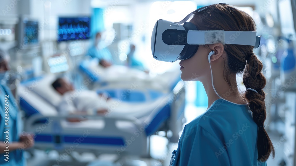 A female nurse wearing a VR headset stands in a hospital ward, showcasing innovative technology in healthcare. A female nurse wearing a VR headset stands in a hospital ward, showcasing innovative technology in healthcare.