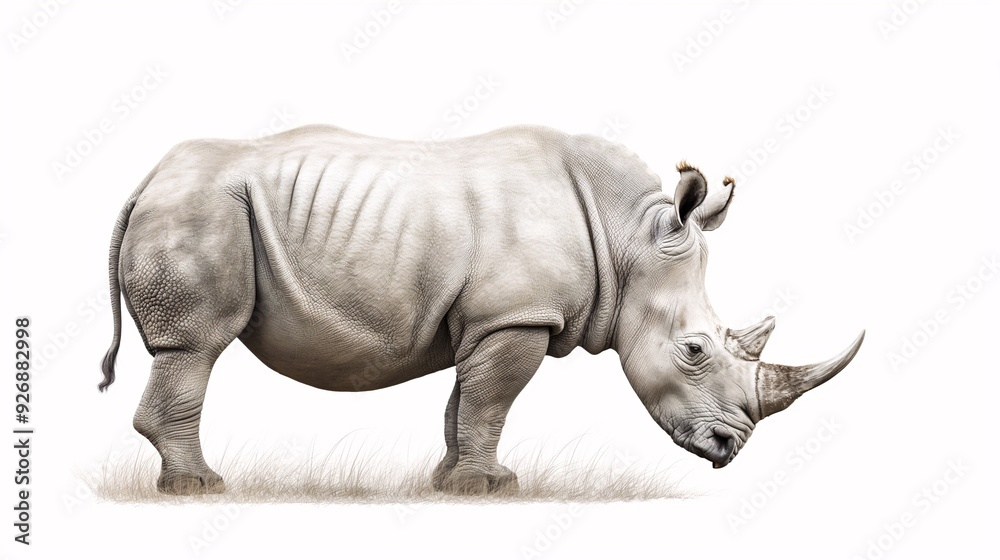 Obraz premium White Rhino Standing Tall: A majestic white rhinoceros stands on a grassy plain, its powerful presence and intricate details captured in a stunning pencil drawing. 