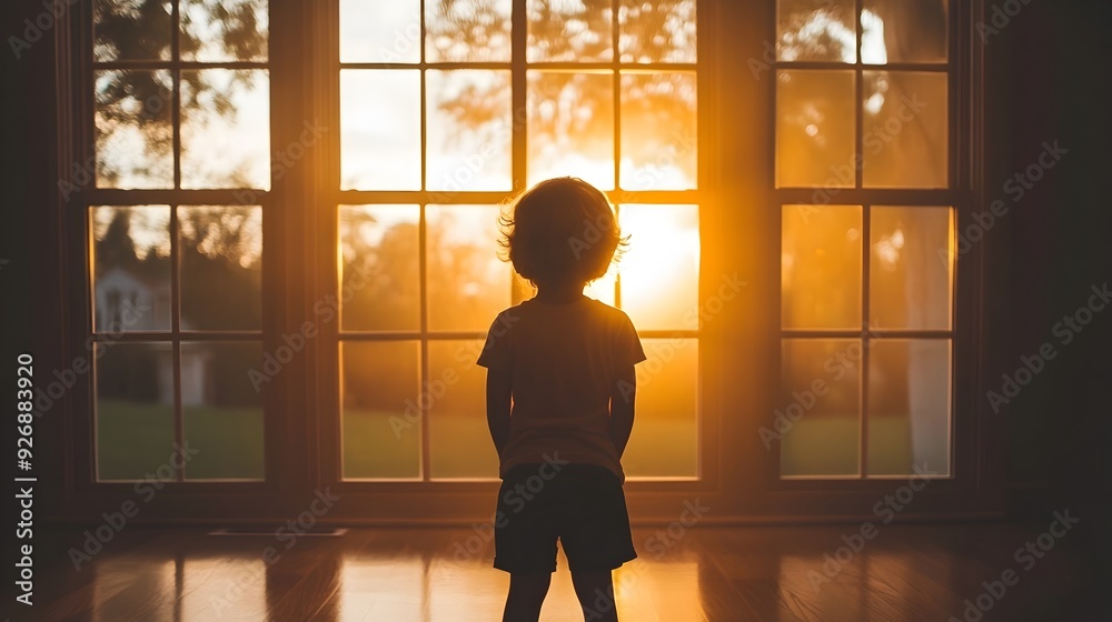 Fototapeta premium Silhouetted Child by Radiant Dawn Light in Peaceful Room Sanctuary
