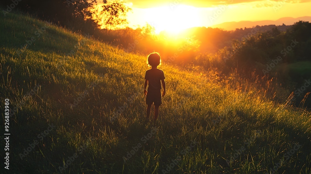 Silhouetted Child on Grassy Hill at Sunset Casting Long Shadows Silhouetted Child on Grassy Hill at Sunset Casting Long Shadows