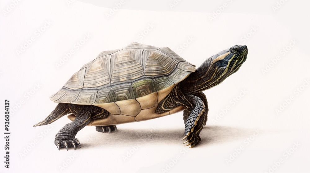 The Determined Turtle's Steady March: A photorealistic portrayal of a turtle's slow and steady journey across a pristine white backdrop. The Determined Turtle's Steady March: A photorealistic portrayal of a turtle's slow and steady journey across a pristine white backdrop.