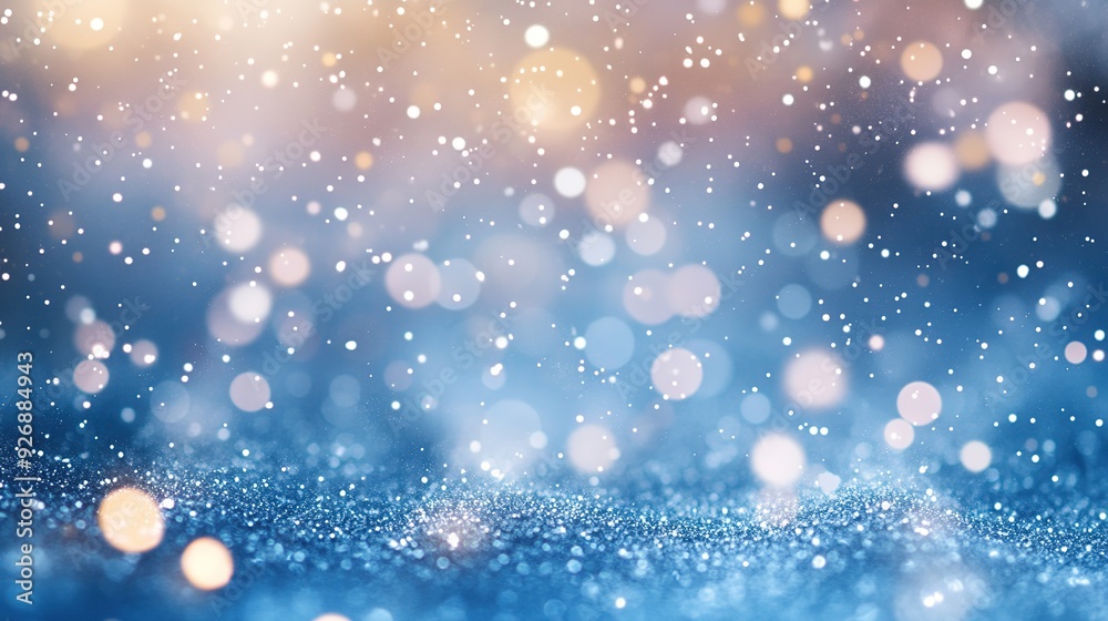 Ethereal Winter Celebration Banner with Snow Bokeh and Glittering Lights, Pastel Blue and Gold Themed Design for Christmas or New Year's Festivities, Copy Space Included Ethereal Winter Celebration Banner with Snow Bokeh and Glittering Lights, Pastel Blue and Gold Themed Design for Christmas or New Year's Festivities, Copy Space Included