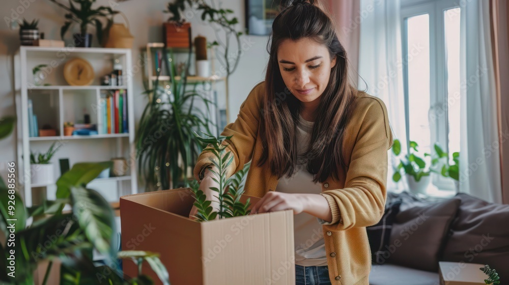 A woman taping cardboard box while packing her belongings before moving out of her apartment. A woman taping cardboard box while packing her belongings before moving out of her apartment.