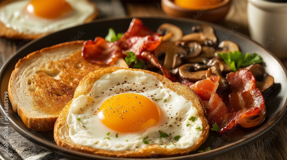 A hearty breakfast featuring sunny side up eggs, crispy bacon, sauteed mushrooms, and toasted bread served on a wooden table. A hearty breakfast featuring sunny side up eggs, crispy bacon, sauteed mushrooms, and toasted bread served on a wooden table.