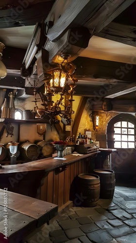 Detailed view of a medieval tavern interior, showcasing wooden tables, dimly lit ambiance, and period-appropriate furnishings.