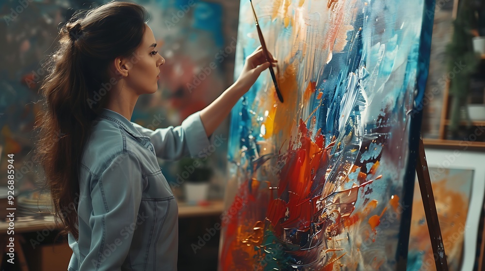 Obraz premium young woman artist is focused on her art. She is painting an abstract artwork on a canvas with a brush.