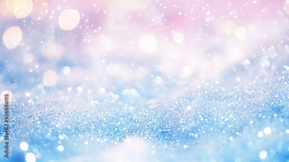 Ethereal Winter Celebration Banner with Snow Bokeh and Glittering Lights, Pastel Blue and Gold Themed Design for Christmas or New Year's Festivities, Copy Space Included Ethereal Winter Celebration Banner with Snow Bokeh and Glittering Lights, Pastel Blue and Gold Themed Design for Christmas or New Year's Festivities, Copy Space Included
