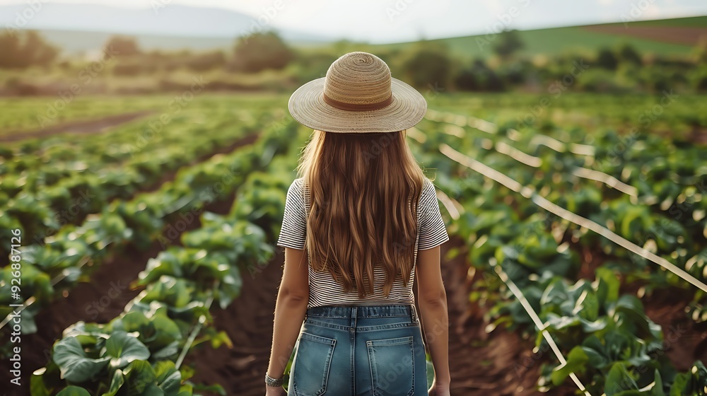 Obraz premium woman in a straw hat standing in a field of plants, looking out towards a distant horizon.