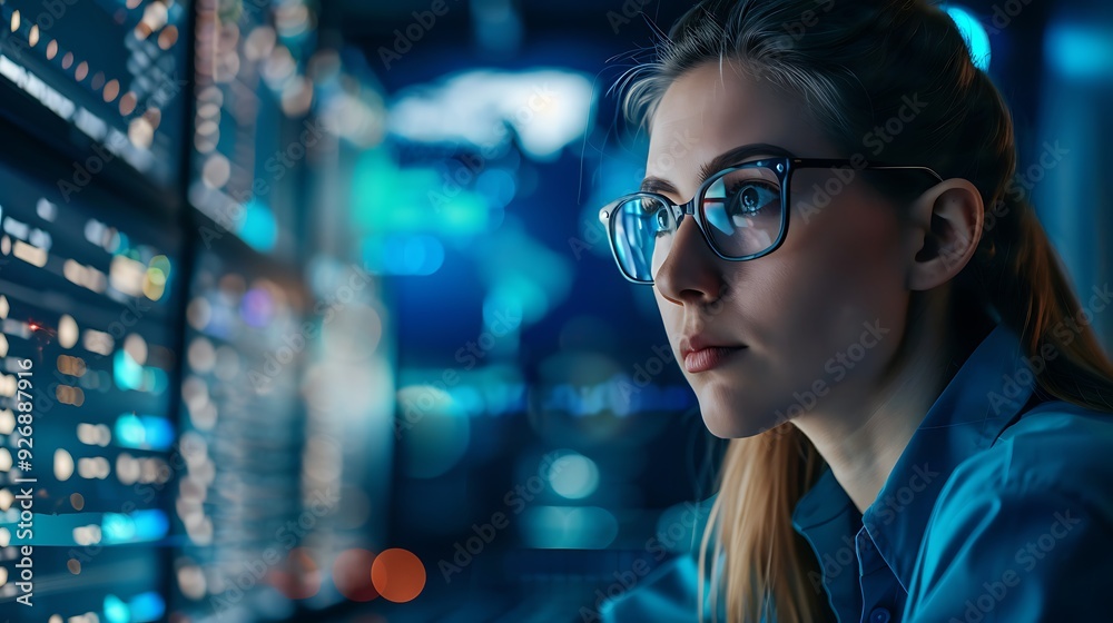 woman wearing glasses is looking intently at a computer screen, focusing on data and information displayed on the monitor the world of technology data analysis and digital innovation. woman wearing glasses is looking intently at a computer screen, focusing on data and information displayed on the monitor the world of technology data analysis and digital innovation.