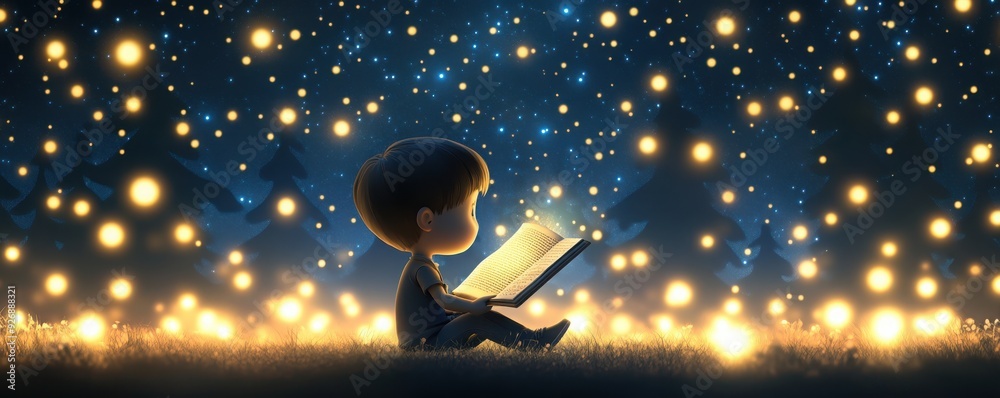 Fototapeta premium A child reading a book under a starry sky filled with glowing lights, evoking a sense of wonder and imagination.