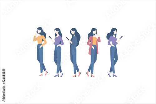 People holding, using mobile phones set. Characters with smartphones in hands. women use cellphones, surfing internet, chatting. Flat graphic vector illustrations isolated on white background