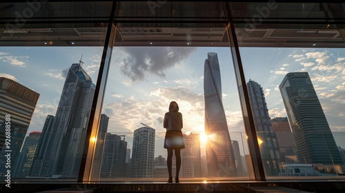 A silhouette of a woman gazing at a stunning sunset over a modern city skyline through a glass window.