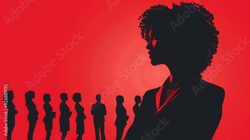 Silhouette of a confident businesswoman standing in front of a group of people, representing leadership and empowerment.