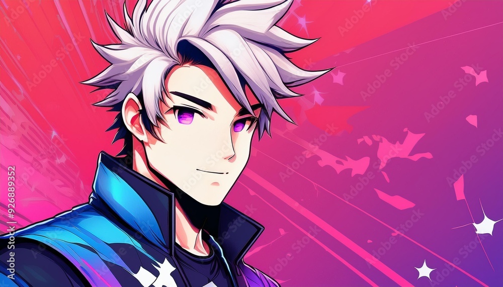 Manga star with exaggerated features against a vibrant pink and purple pop art background with space for headlines.