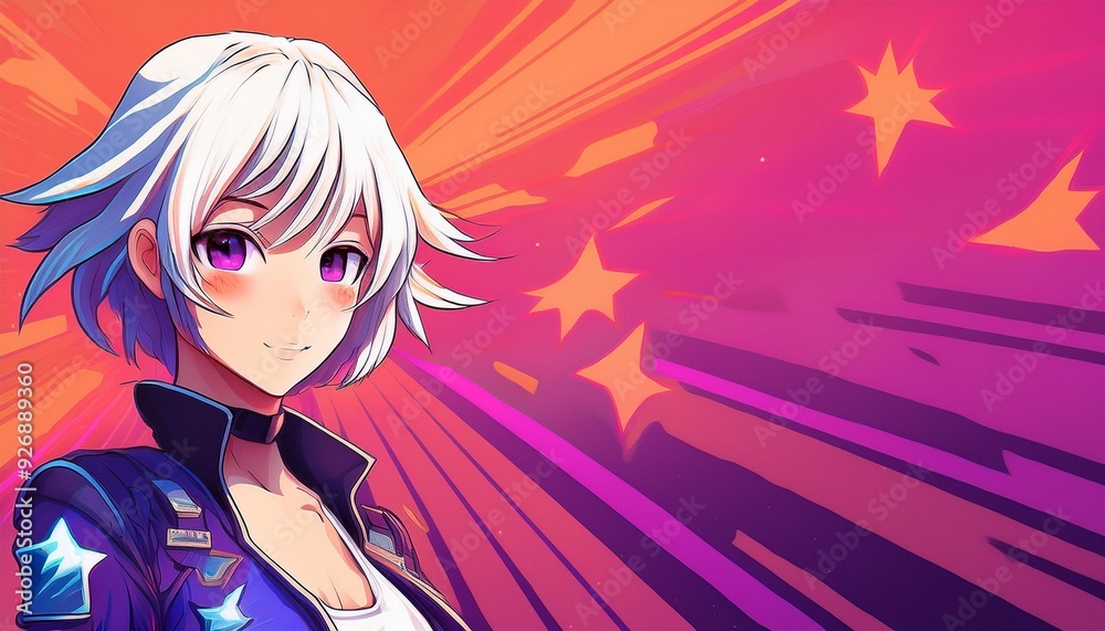Manga star with exaggerated features against a vibrant pink and purple pop art background with space for headlines. Manga star with exaggerated features against a vibrant pink and purple pop art background with space for headlines.