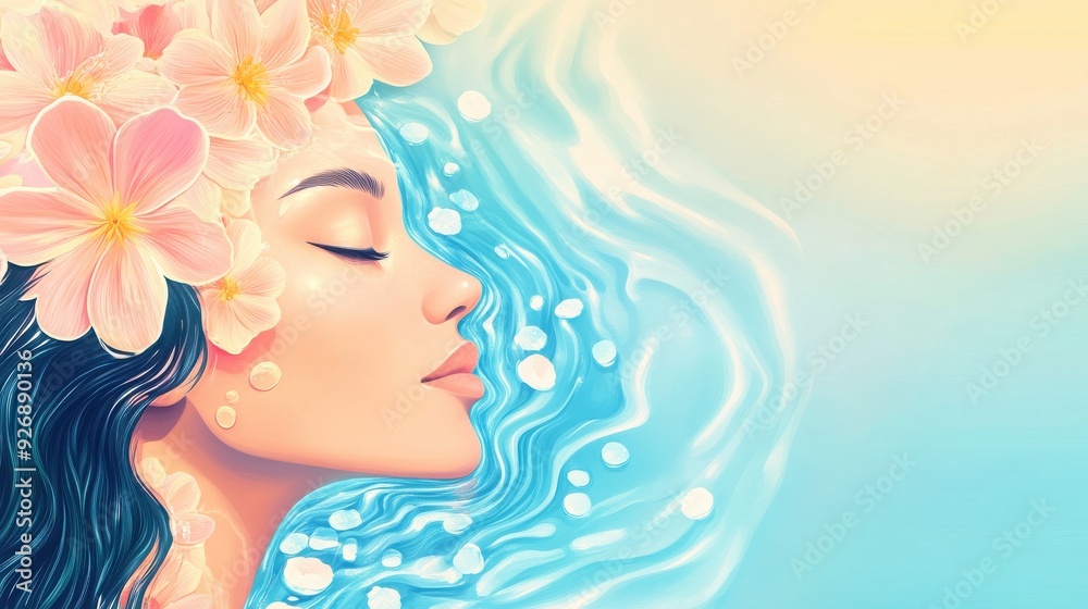 A serene illustration of a woman with flowers, embodying tranquility and beauty, immersed in flowing water effects. A serene illustration of a woman with flowers, embodying tranquility and beauty, immersed in flowing water effects.
