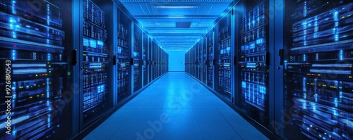 Futuristic server room with rows of servers illuminated in blue light, showcasing technology and data storage innovation. photo