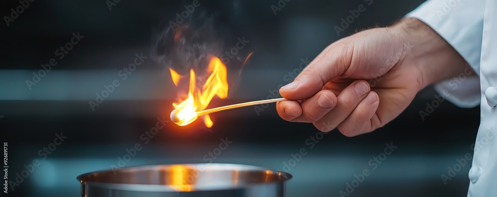 A chef ignites a matchstick over a pot, showcasing the art of cooking with flames in a modern kitchen environment.