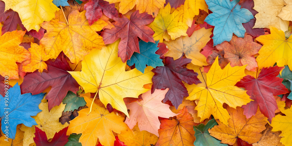 A close-up of various colorful autumn leaves, showcasing vibrant red, yellow, orange, and blue hues in a seasonal fall composition A close-up of various colorful autumn leaves, showcasing vibrant red, yellow, orange, and blue hues in a seasonal fall composition
