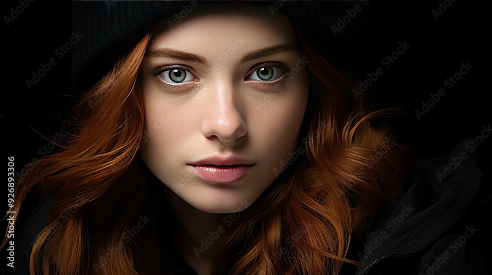 Beautiful woman, bright gray eyes, auburn hair, black clothes with gold trim, black hat, people,  