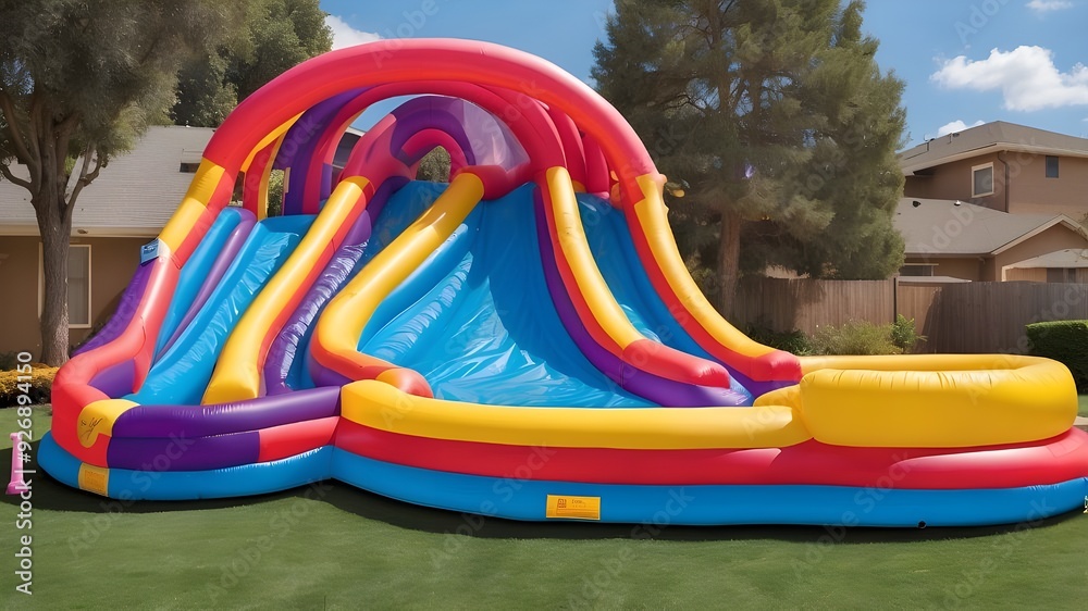 Water slide with an inflatable bounce house in the garden and a colorful bouncy castle Water slide with an inflatable bounce house in the garden and a colorful bouncy castle
