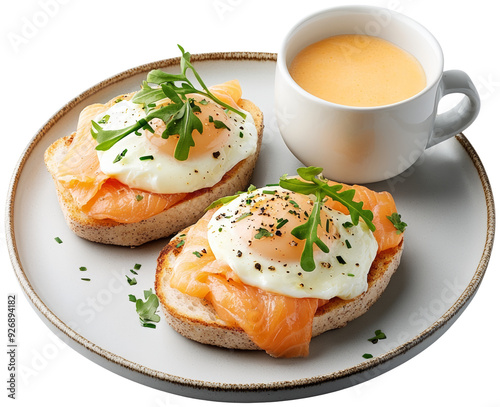 Delicious brunch featuring toasted bread topped with smoked salmon, poached eggs, and a side of creamy sauce. cut out, PNG, isolated on transparent background. photo