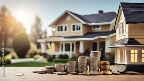 coins are tacked in front of a model house to show how a proposed rise in the capital gains tax could affect the affordability of homes. finance, investment, currency, coin, no people, photography, photo