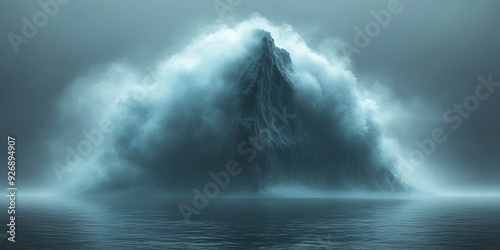 Massive iceberg crumbling into the ocean with dramatic waves and mist photo