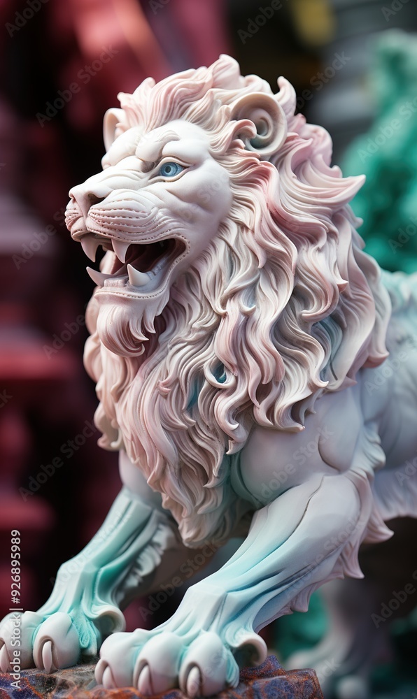 marble stone lion statue against pastel coloured iridescent background marble stone lion statue against pastel coloured iridescent background