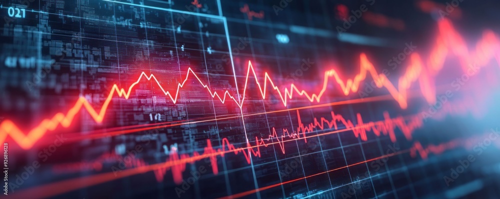 Dynamic financial graph displaying market trends with vibrant red lines and digital elements, representing data analysis. Dynamic financial graph displaying market trends with vibrant red lines and digital elements, representing data analysis.