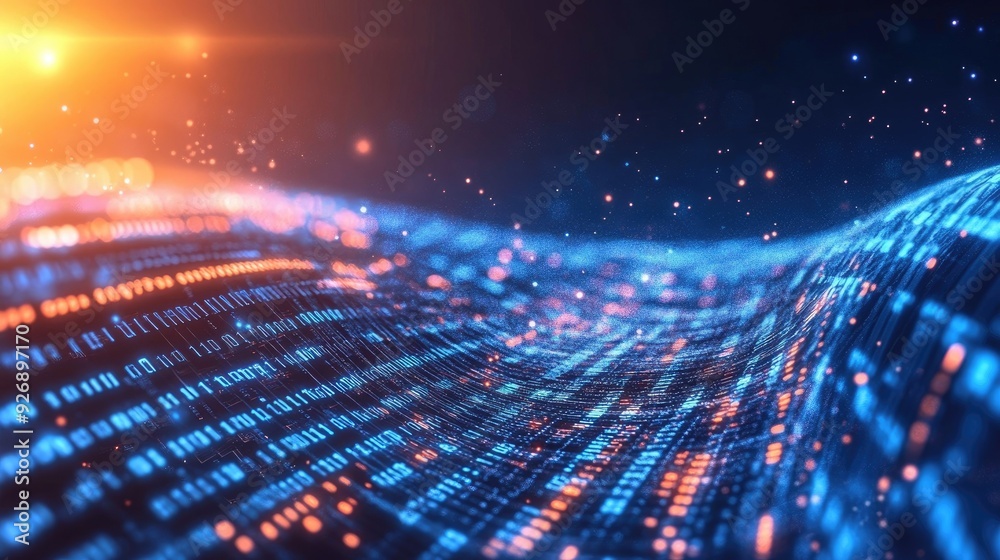 Obraz premium Abstract wave of binary code flowing through space