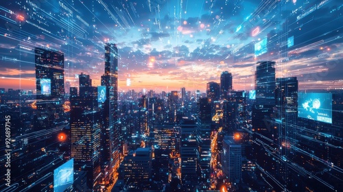 A futuristic cityscape with innovative technology and smart devices prominently featured. The skyline is illuminated with holographic advertisements and interactive elements, representing the digital