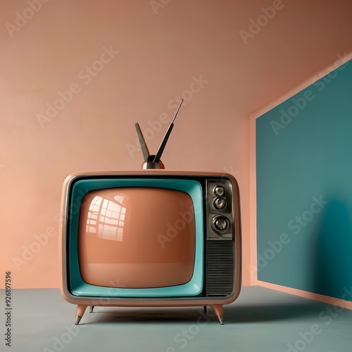 vintage-style television set against a pastel cloured solid turquoise background, photo