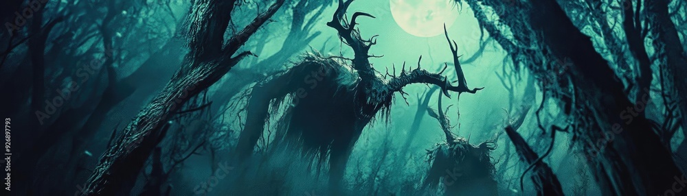 A mysterious forest shrouded in darkness, featuring twisted trees and an eerie moonlight glow, perfect for eerie themes.