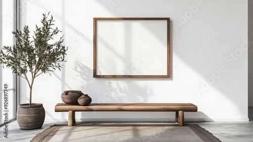 Blank wall frame above a simple bench in a Scandinavian-style room