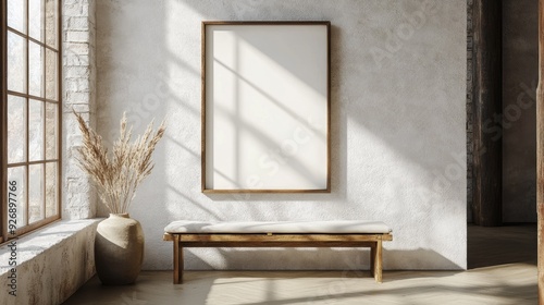 Blank wall frame above a simple bench in a Scandinavian-style room