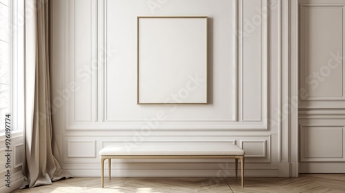 Blank wall frame above a simple bench in a Scandinavian-style room