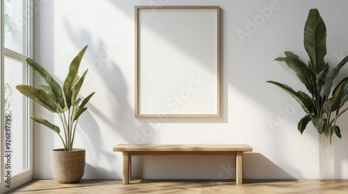 Blank wall frame above a simple bench in a Scandinavian-style room