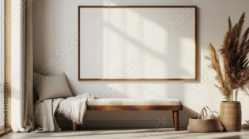 Blank wall frame above a simple bench in a Scandinavian-style room