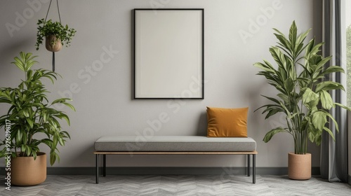 Blank wall frame above a simple bench in a Scandinavian-style room