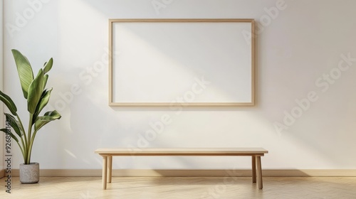 Blank wall frame above a simple bench in a Scandinavian-style room