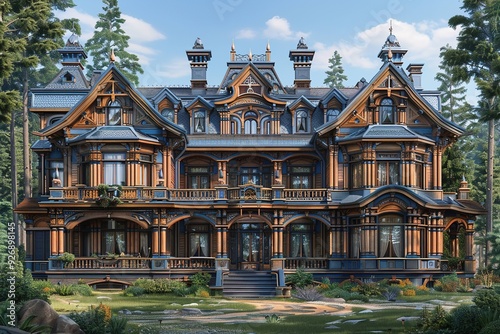 A grand mansion with detailed wood work on white background UHD wallpaper