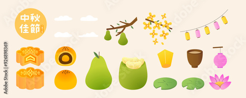 Collection of Mid Autumn Festival food and elements