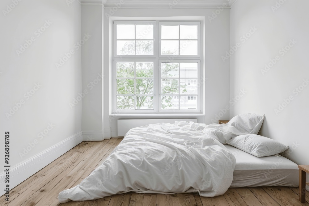 Minimalist White Bedroom Interior with Bed and Nightstand, Large Windows with Natural Light Minimalist White Bedroom Interior with Bed and Nightstand, Large Windows with Natural Light