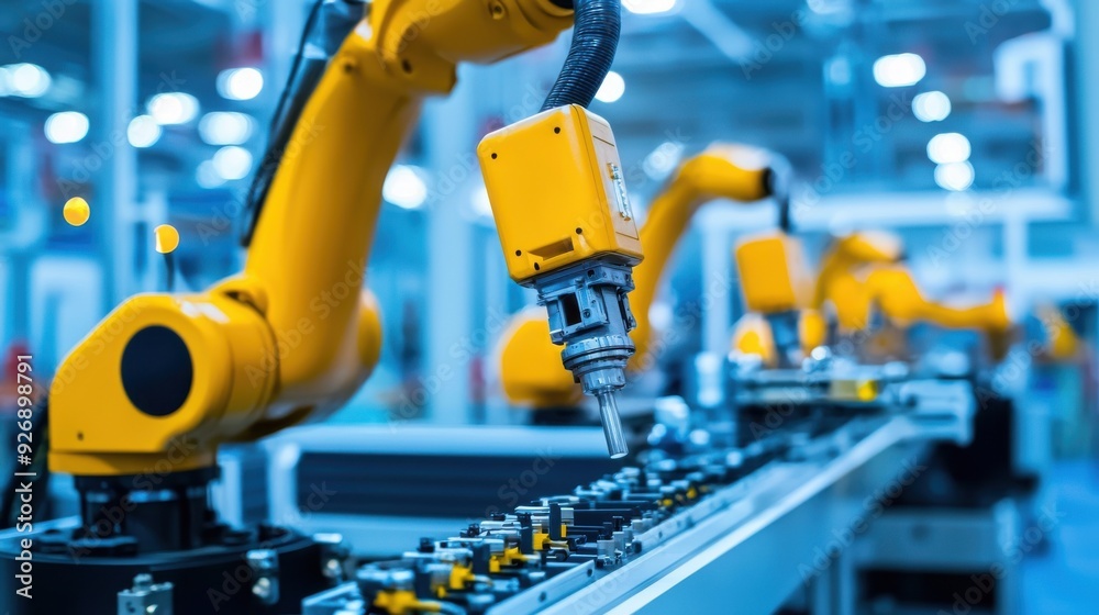 A modern industrial site with automated machinery and robotics, highlighting the role of technology in optimizing industrial processes and increasing efficiency A modern industrial site with automated machinery and robotics, highlighting the role of technology in optimizing industrial processes and increasing efficiency
