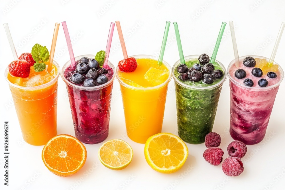 Juices and Floats in Plastic Cup on white background created with Generative AI Juices and Floats in Plastic Cup on white background created with Generative AI