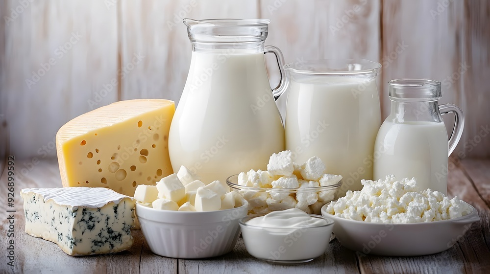 11. An array of dairy products including cheese, yogurt, and milk in a kitchen setting 11. An array of dairy products including cheese, yogurt, and milk in a kitchen setting