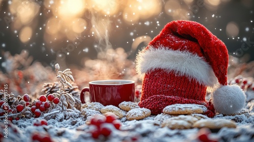 Santa hat with a fur trim and pompom, placed next to a cup of hot cocoa and cookies photo