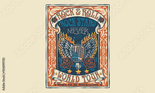Rebel rock. Microphone with eagle wing print design for t shirt print, poster, sticker, background and other uses. Rock star, Make some noise, Rock and roll world tour poster. Rose flower artwork.